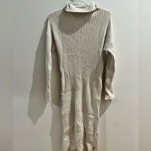 Chic Cream Long Sleeve Ribbed Dress